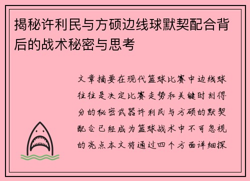 揭秘许利民与方硕边线球默契配合背后的战术秘密与思考